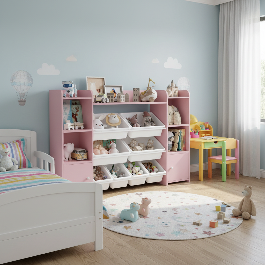 Bibliothèque enfant bacs rangement et étagères latérales Tilda Kids