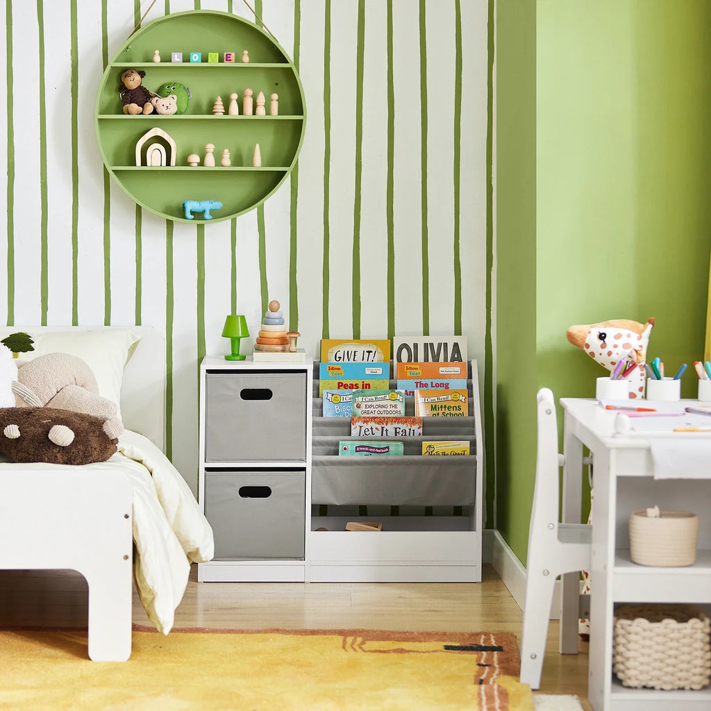 Bibliothèque enfant bois blanc et tissu gris Tilda Kids