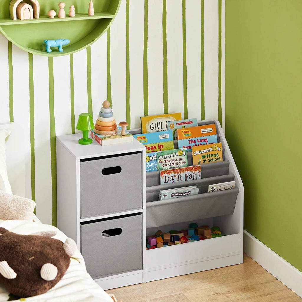 Bibliothèque enfant bois blanc et tissu gris Tilda Kids