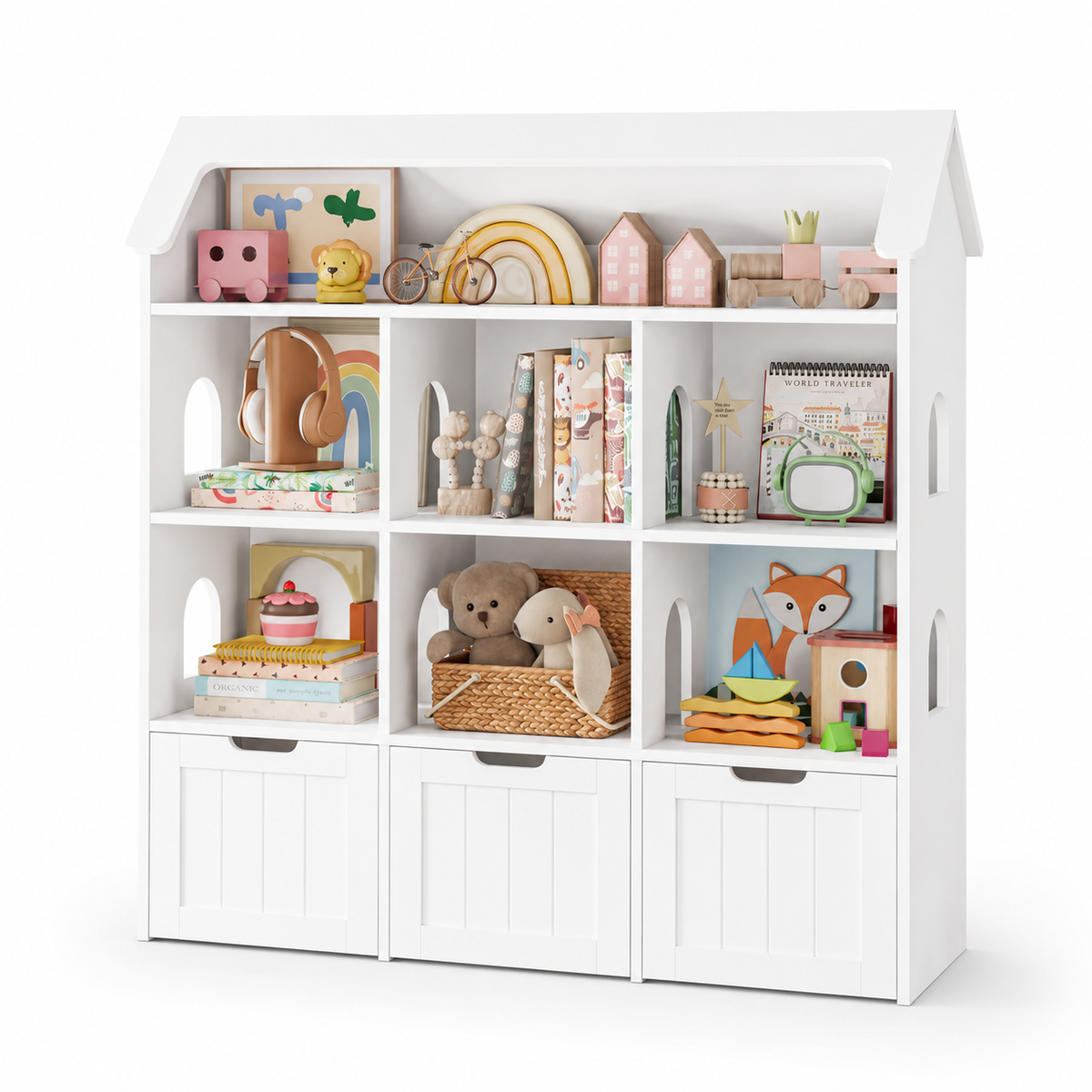 Bibliothèque enfant bois style maison avec tiroirs Tilda Kids