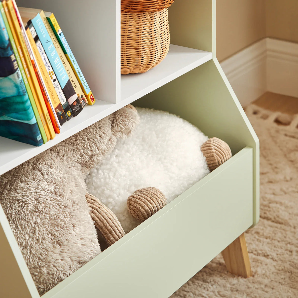 Bibliothèque enfant verte sur pieds avec rangement Tilda Kids