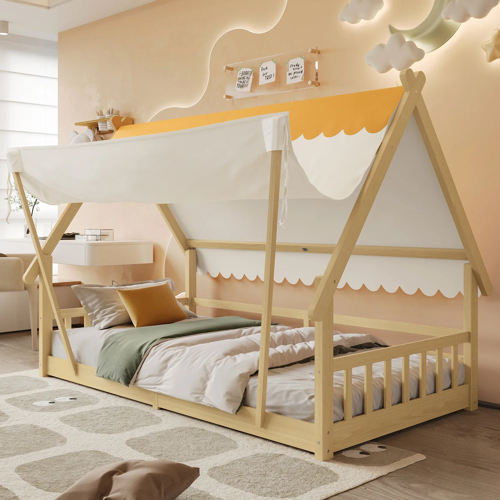 Lit cabane en bois naturel avec tente amovible Tilda Kids