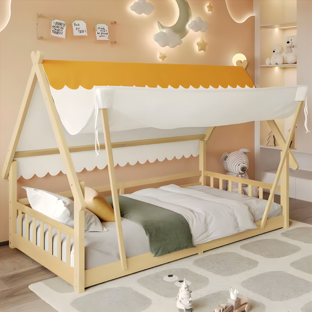 Lit cabane en bois naturel avec tente amovible Tilda Kids