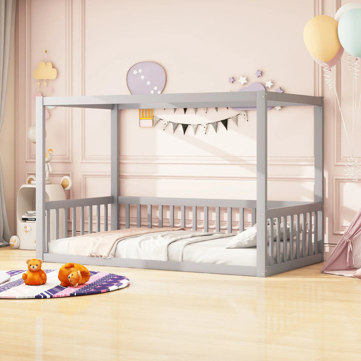 Lit cabane enfant gris avec barrières de sécurité Tilda Kids