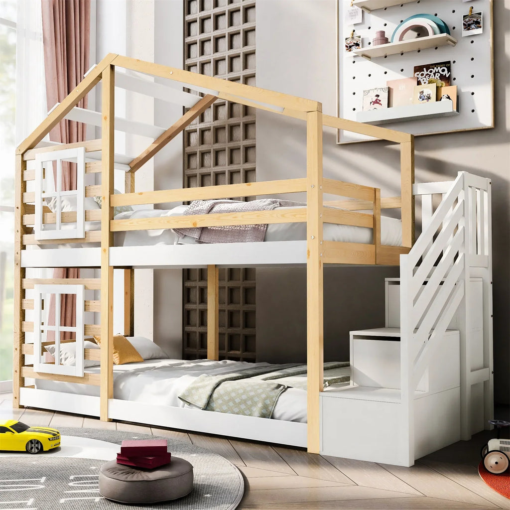 Lit cabane superposé avec escalier et rangements Tilda Kids