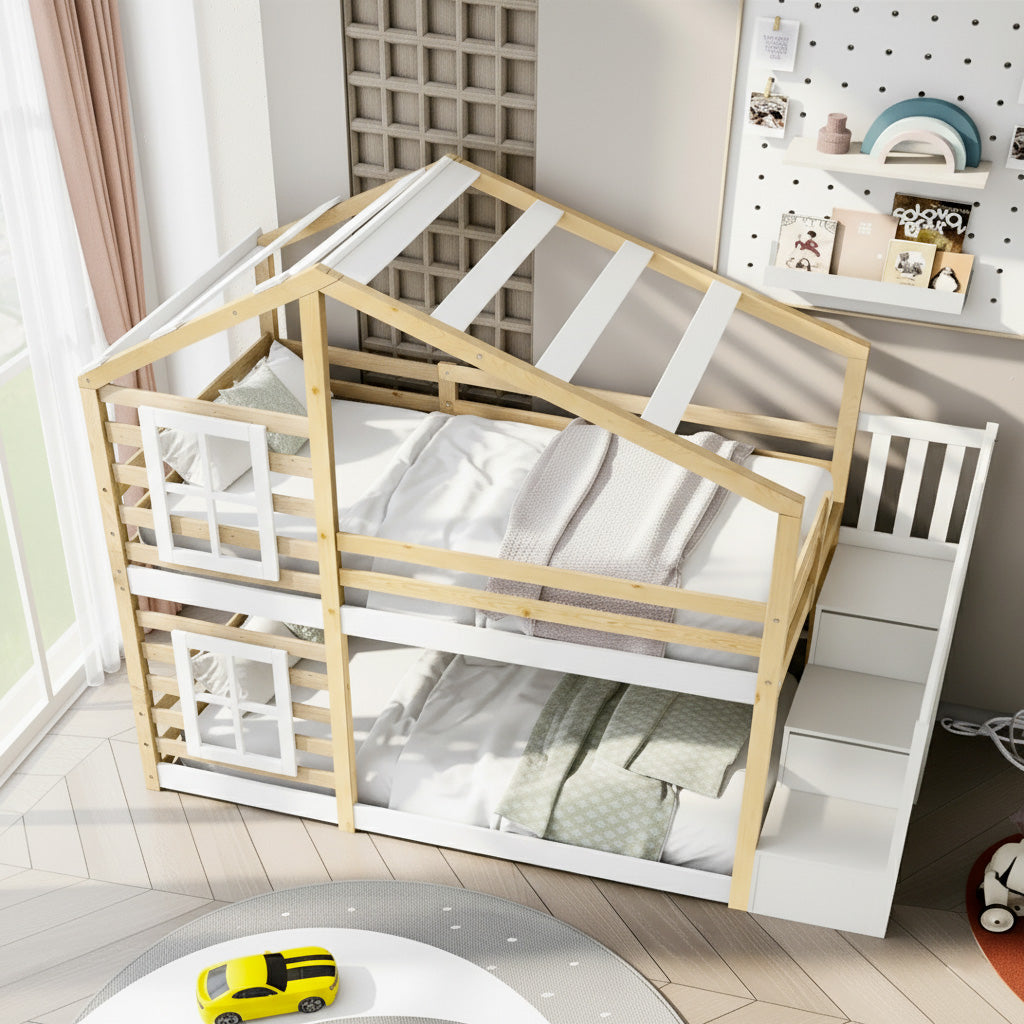 Lit cabane superposé avec escalier et rangements Tilda Kids