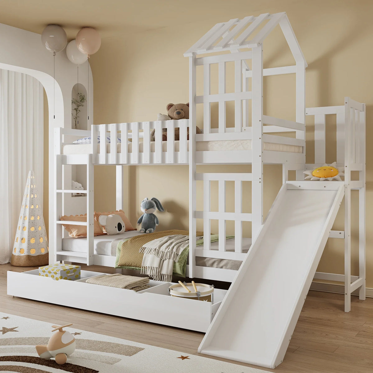 Lit cabane superposé avec toboggan blanc enfant Tilda Kids