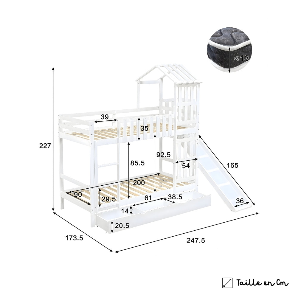 Lit cabane superposé avec toboggan blanc enfant Tilda Kids