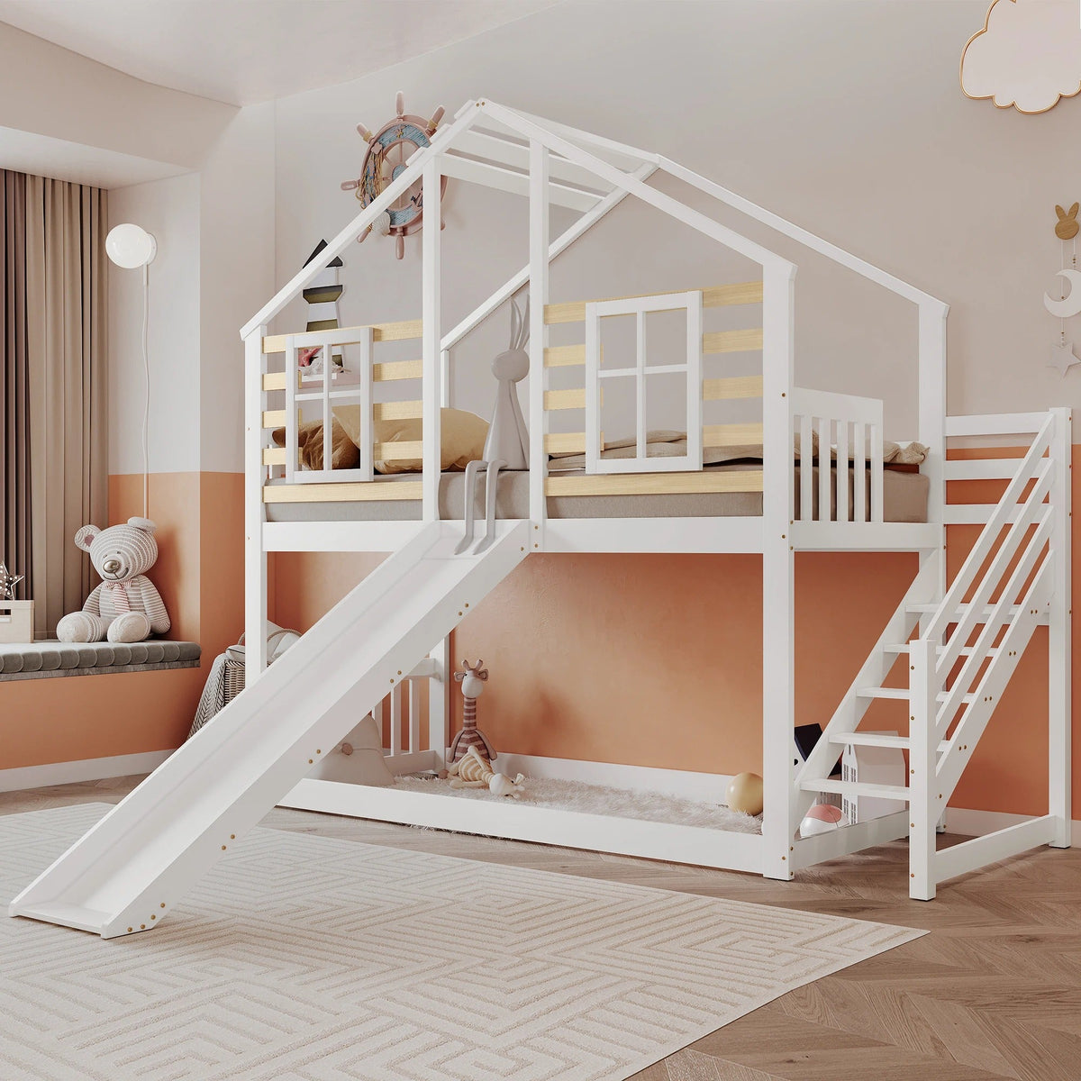 Lit cabane superposé avec toboggan blanc Tilda Kids