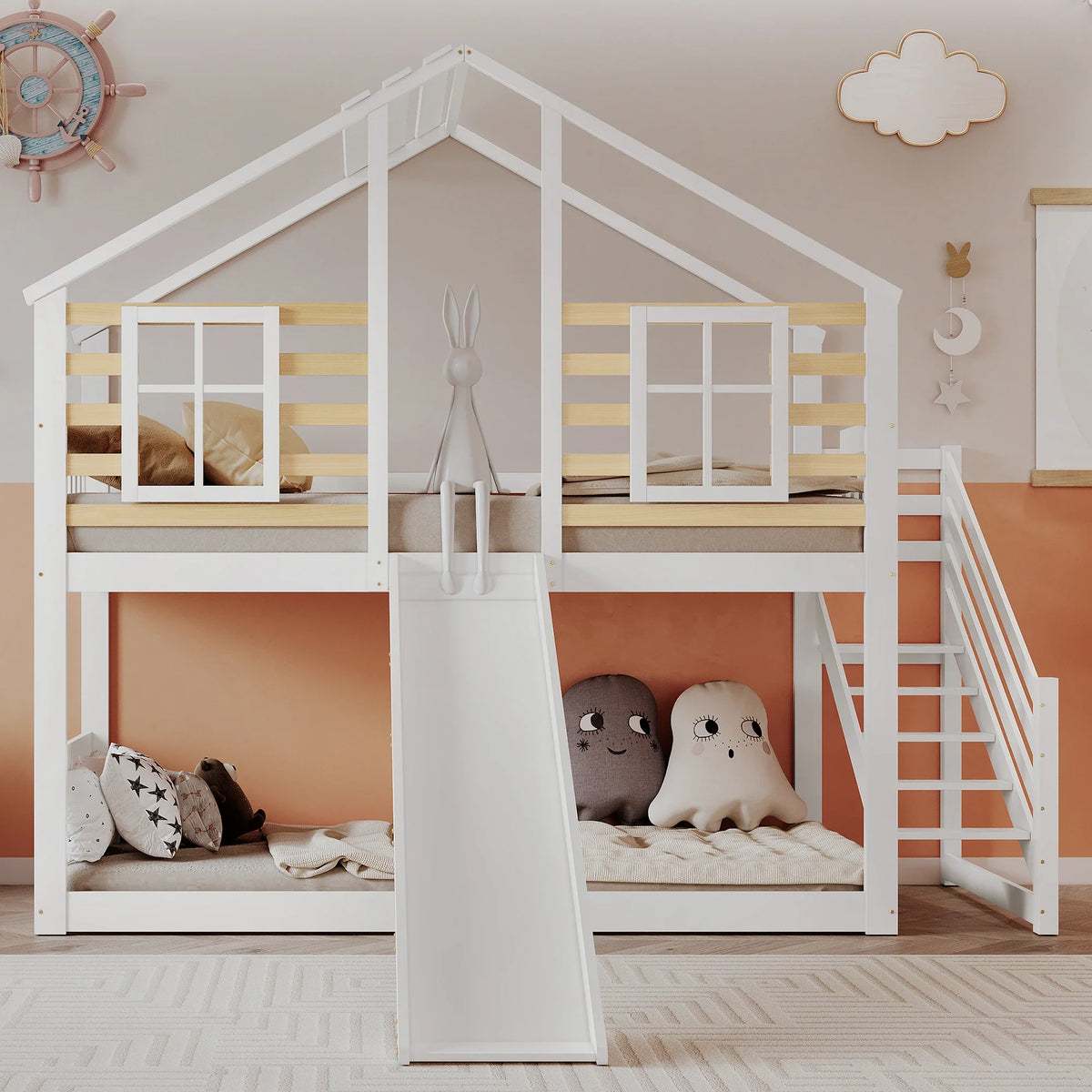 Lit cabane superposé avec toboggan blanc Tilda Kids