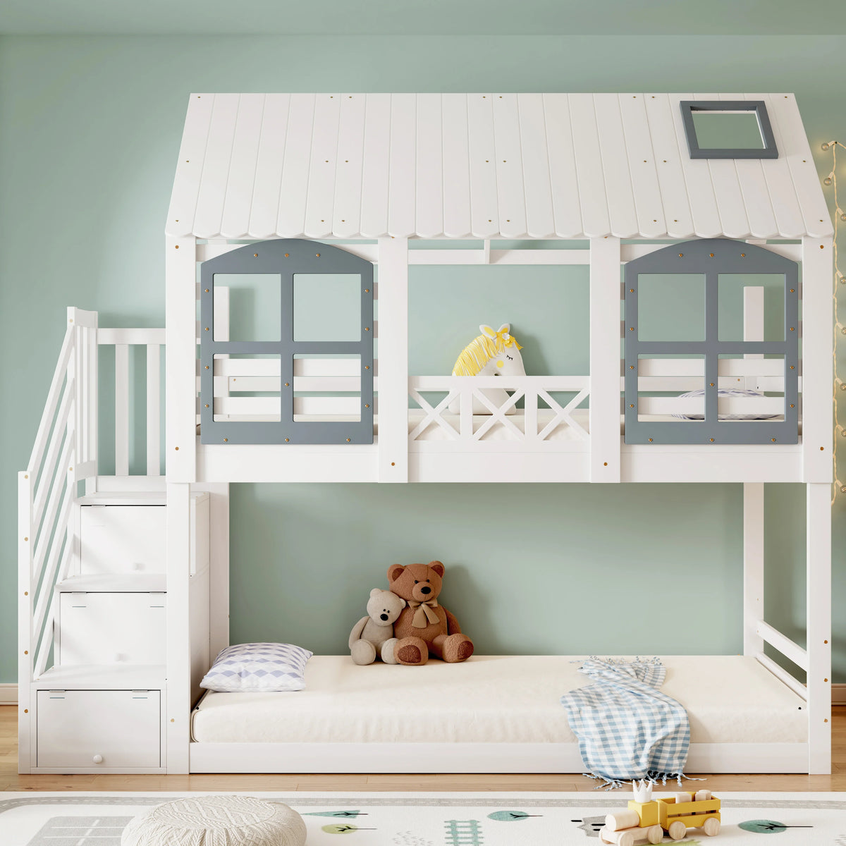Lit cabane superposé blanc et gris 90x200cm Tilda Kids