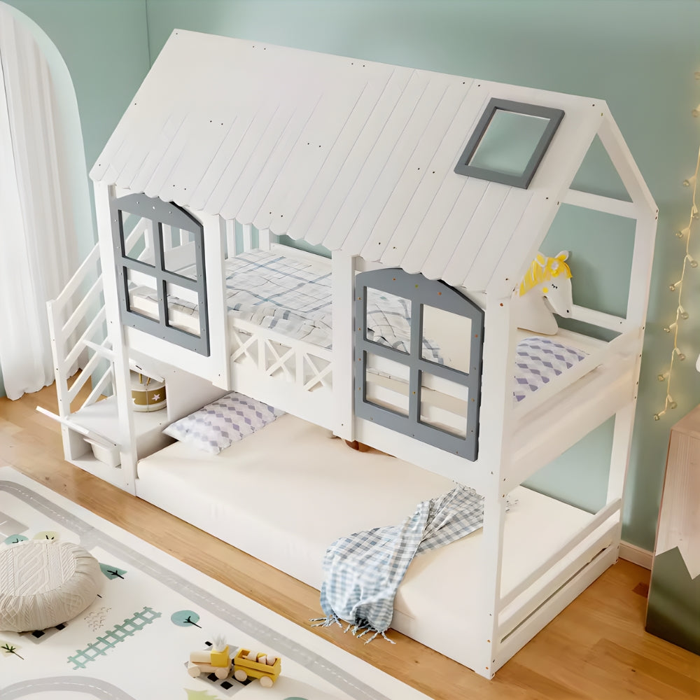 Lit cabane superposé blanc et gris 90x200cm Tilda Kids
