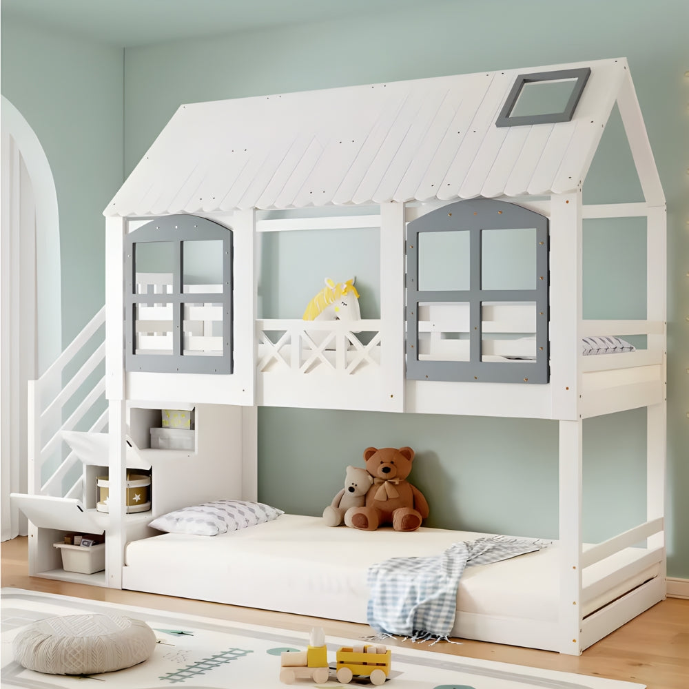 Lit cabane superposé blanc et gris 90x200cm Tilda Kids