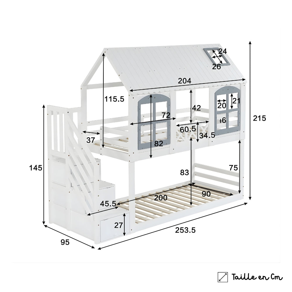 Lit cabane superposé blanc et gris 90x200cm Tilda Kids