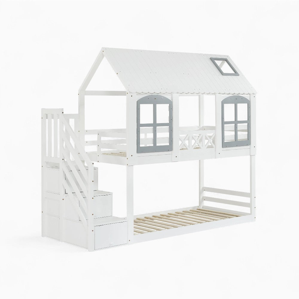 Lit cabane superposé blanc et gris 90x200cm Tilda Kids