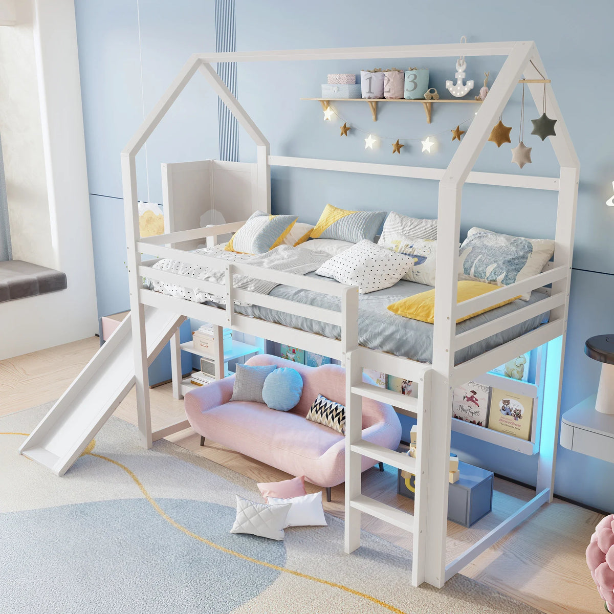Lit cabane surélevé blanc avec toboggan pour enfant Tilda Kids