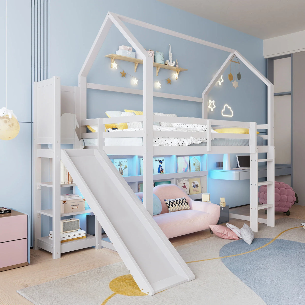 Lit cabane surélevé blanc avec toboggan pour enfant Tilda Kids