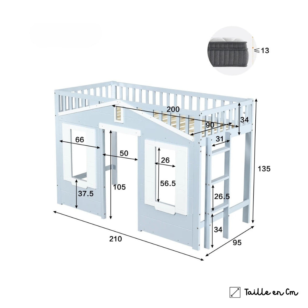 Lit cabane surélevé bleu en hauteur pour enfant Tilda Kids