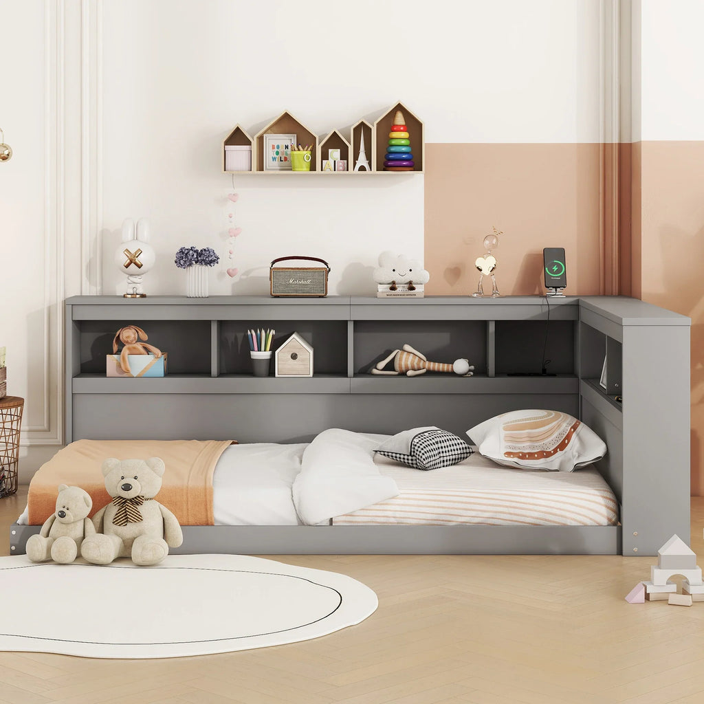 Lit enfant gris au sol avec rangement Tilda Kids