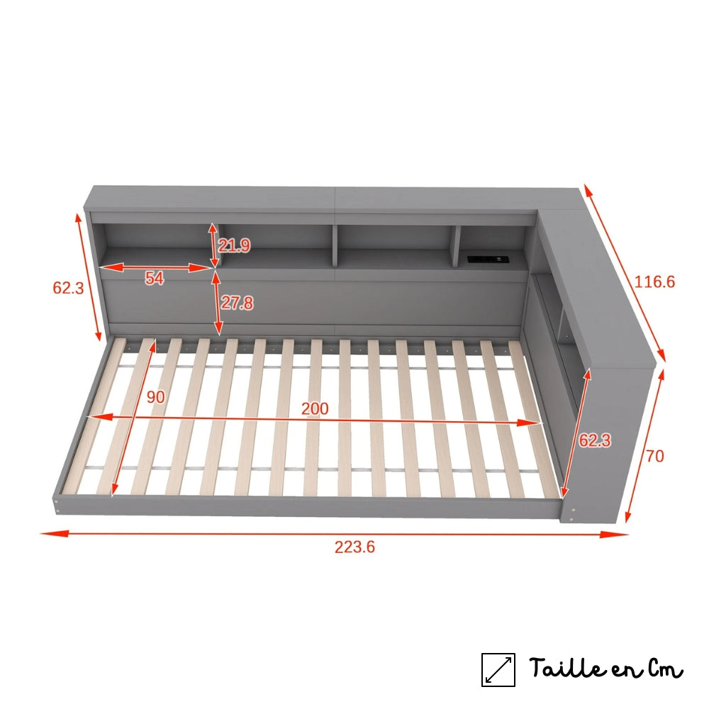 Lit enfant gris au sol avec rangement Tilda Kids