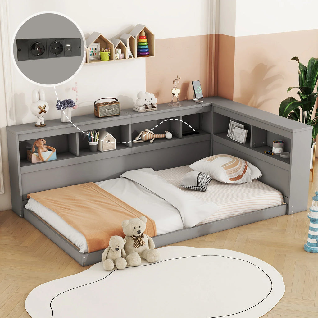 Lit enfant gris au sol avec rangement Tilda Kids