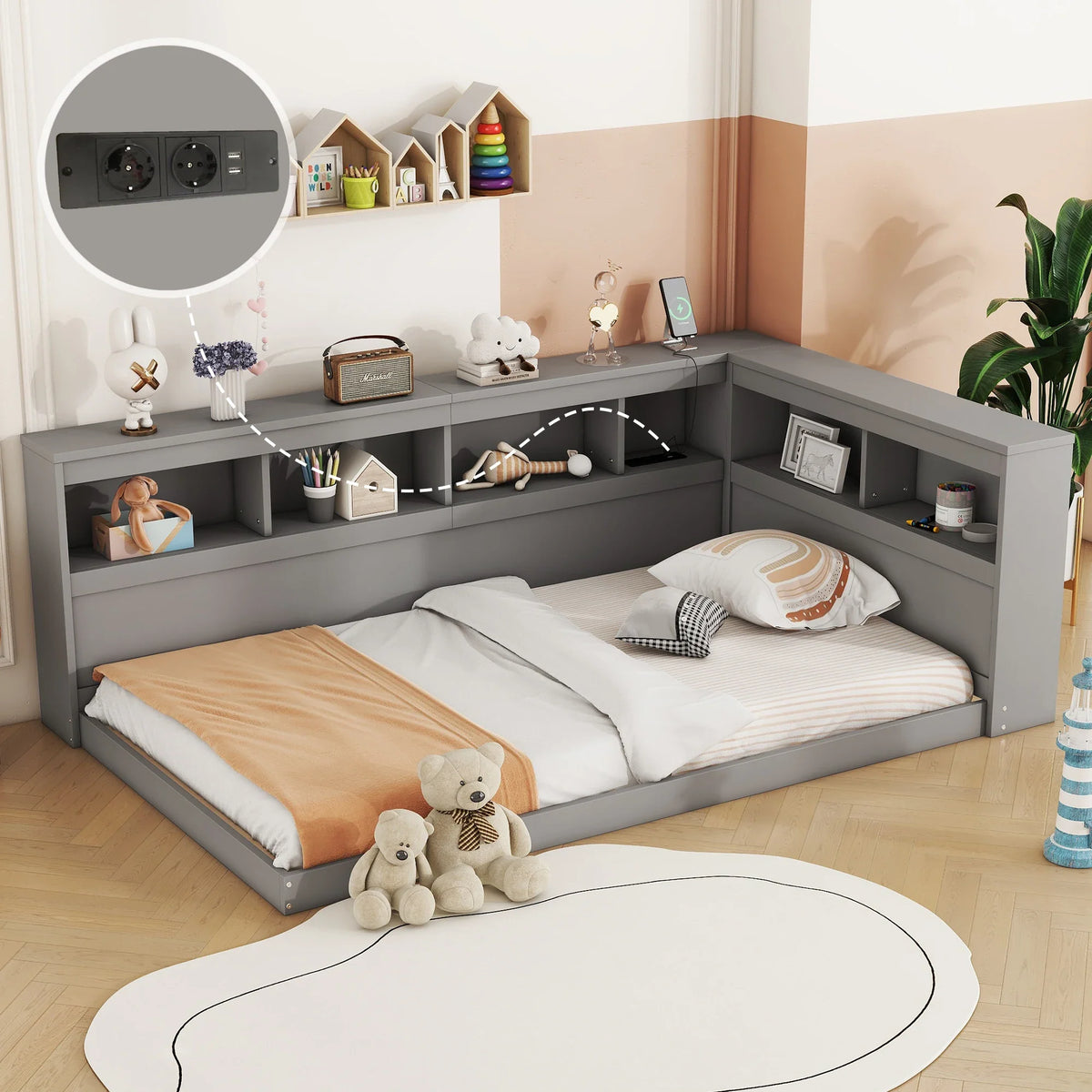Lit enfant gris au sol avec rangement Tilda Kids