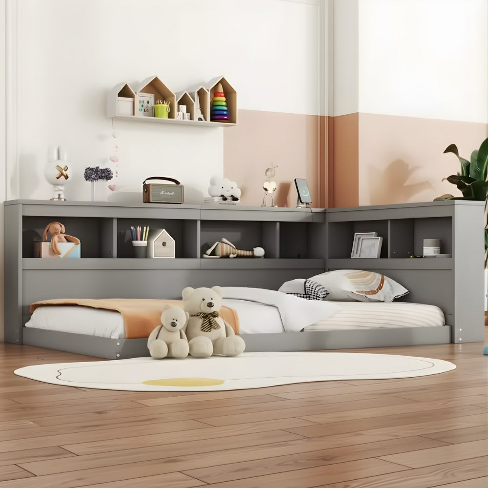 Lit enfant gris au sol avec rangement Tilda Kids