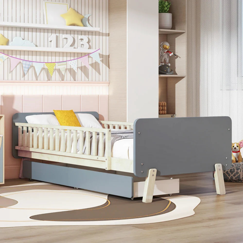 Lit enfant gris avec barrières et rangements Tilda Kids