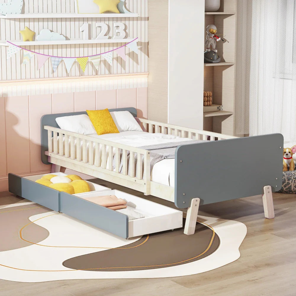Lit enfant gris avec barrières et rangements Tilda Kids