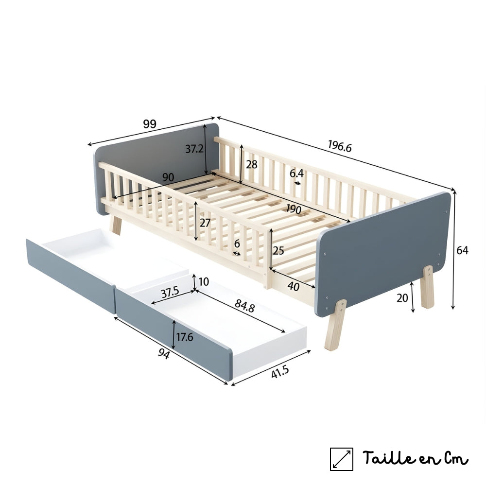 Lit enfant gris avec barrières et rangements Tilda Kids