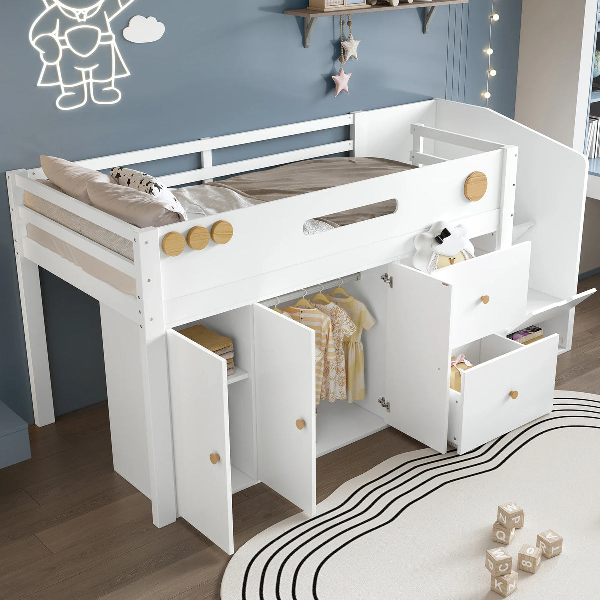 Lit enfant surélevé 90x200 avec rangements intégrés Tilda Kids