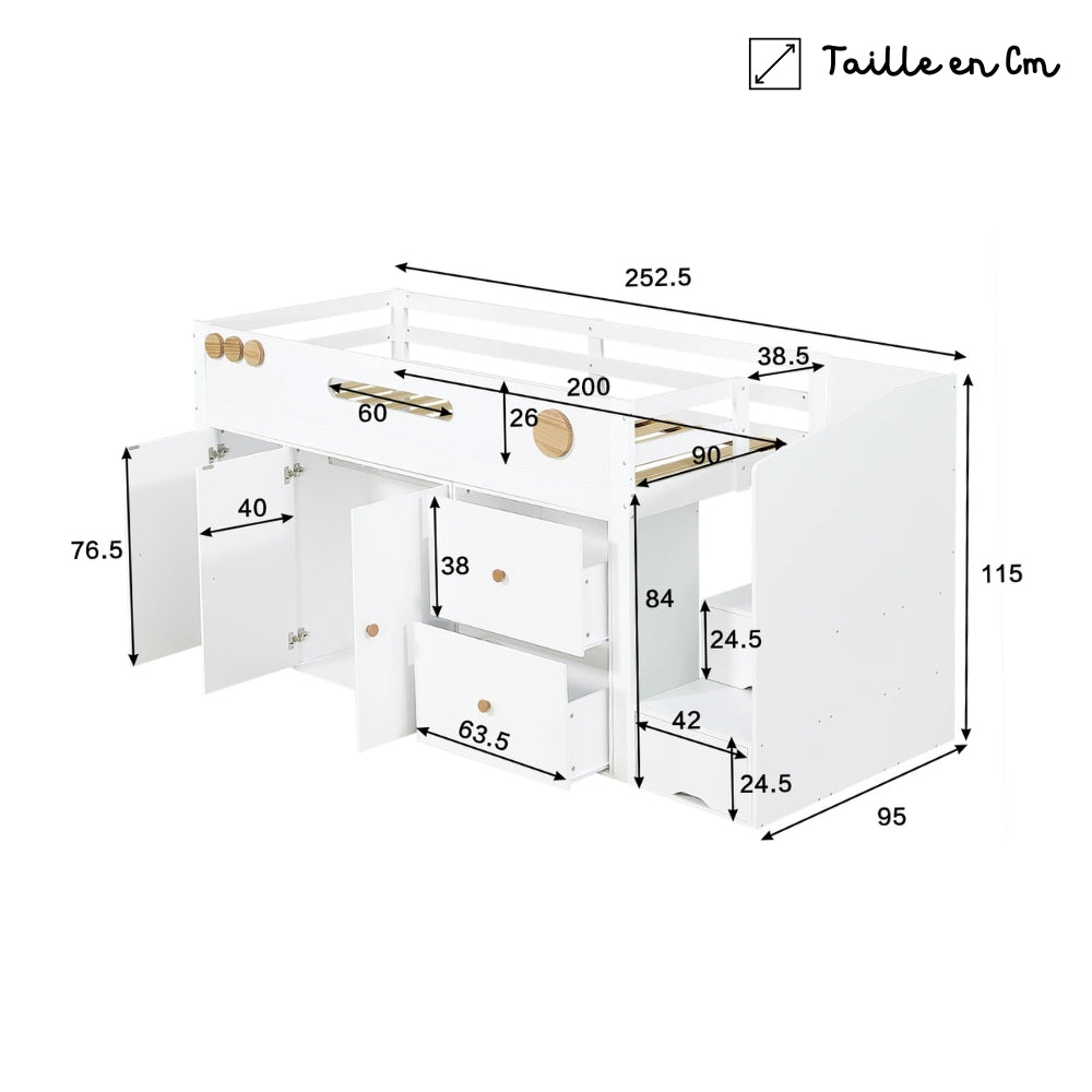Lit enfant surélevé 90x200 avec rangements intégrés Tilda Kids