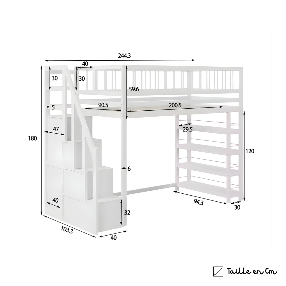 Lit mezzanine blanc avec rangements 90x200 cm Tilda Kids