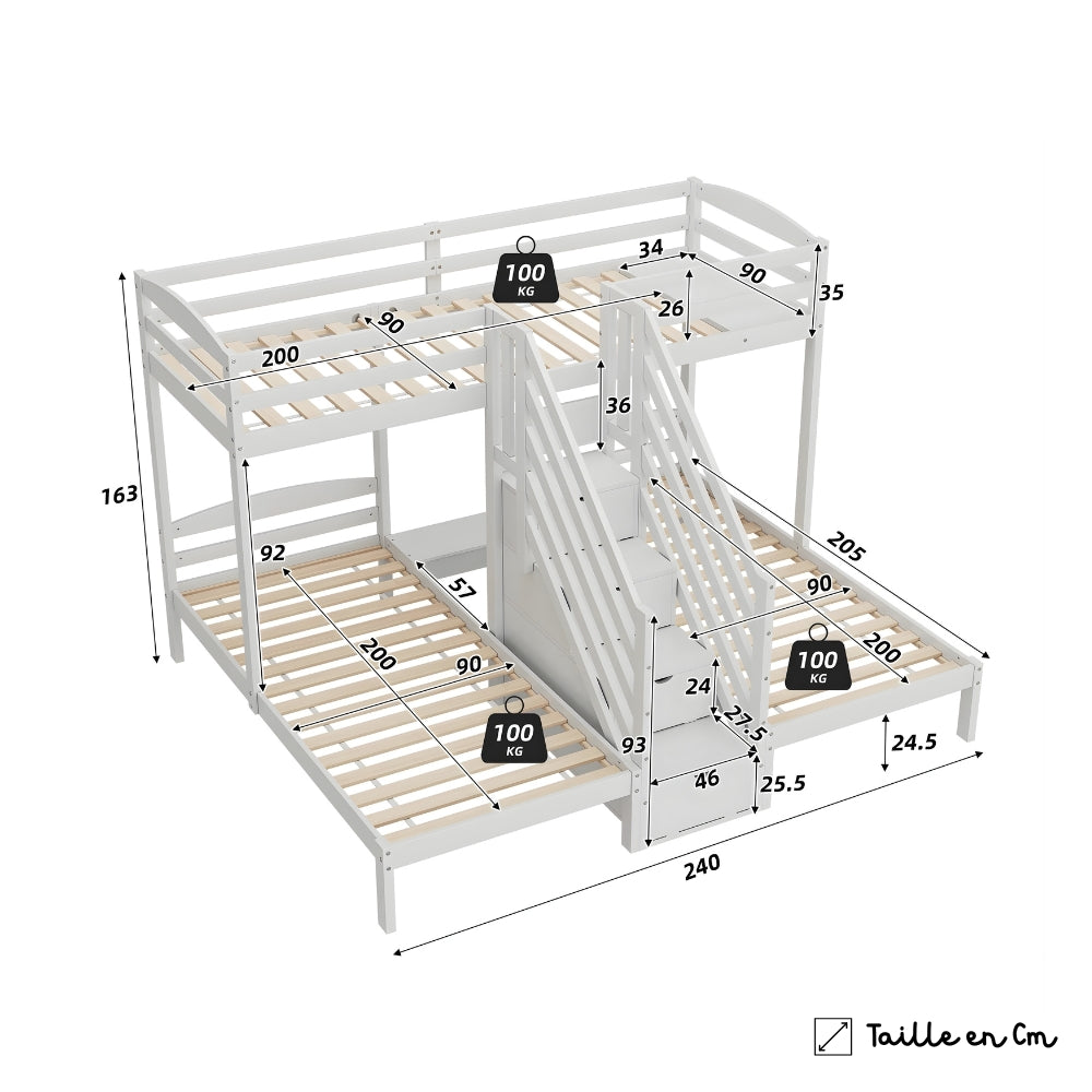 Lit superposé 3 couchages avec rangements en pin Tilda Kids