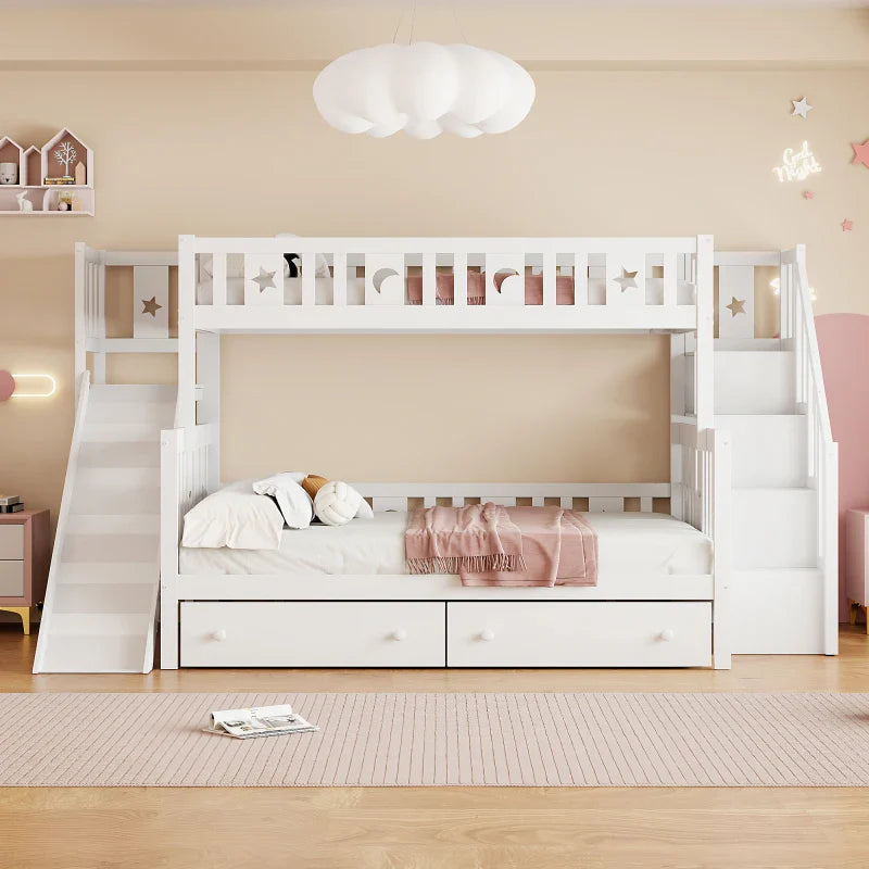 Lit superposé 3 couchages blanc avec rangements et toboggan Tilda Kids