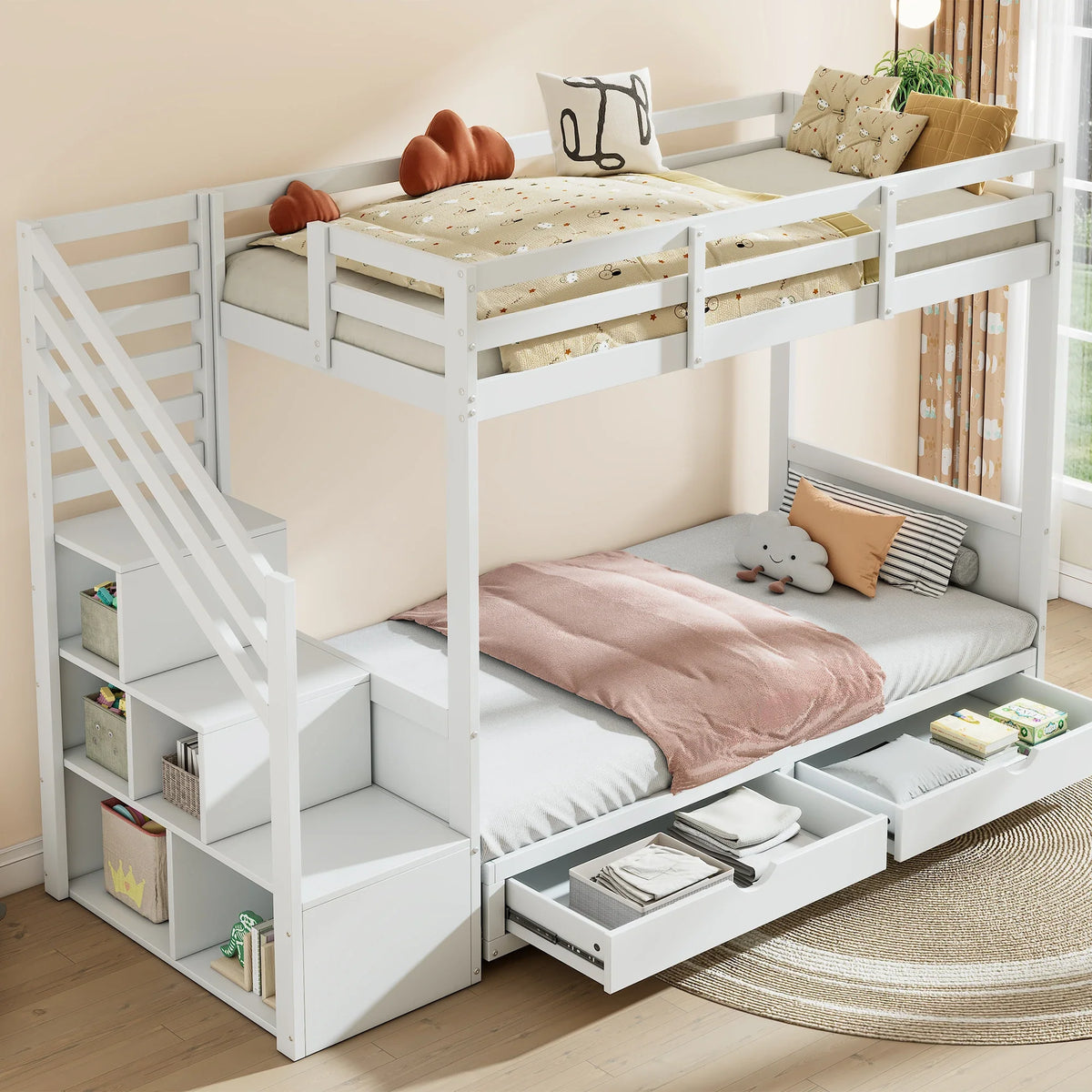 Lit superposé blanc avec bibliothèque et rangements Tilda Kids