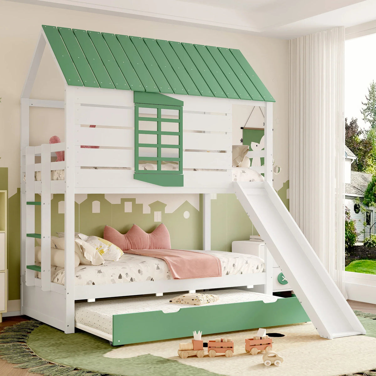 Lit superposé cabane avec toboggan blanc et vert Tilda Kids