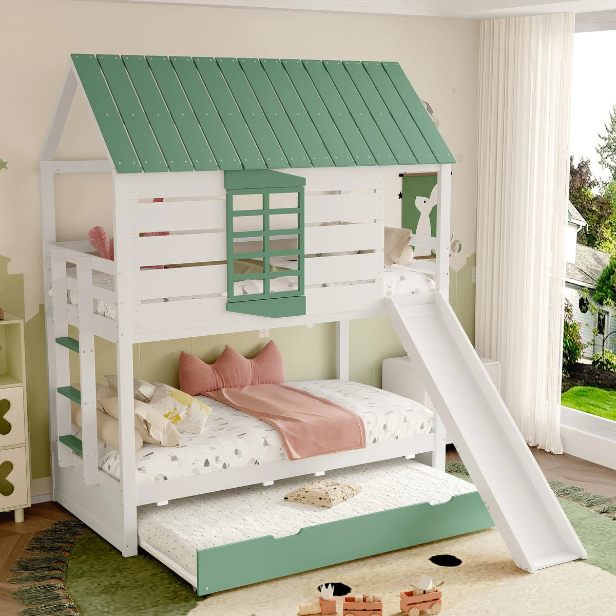 Lit superposé cabane avec toboggan blanc et vert Tilda Kids