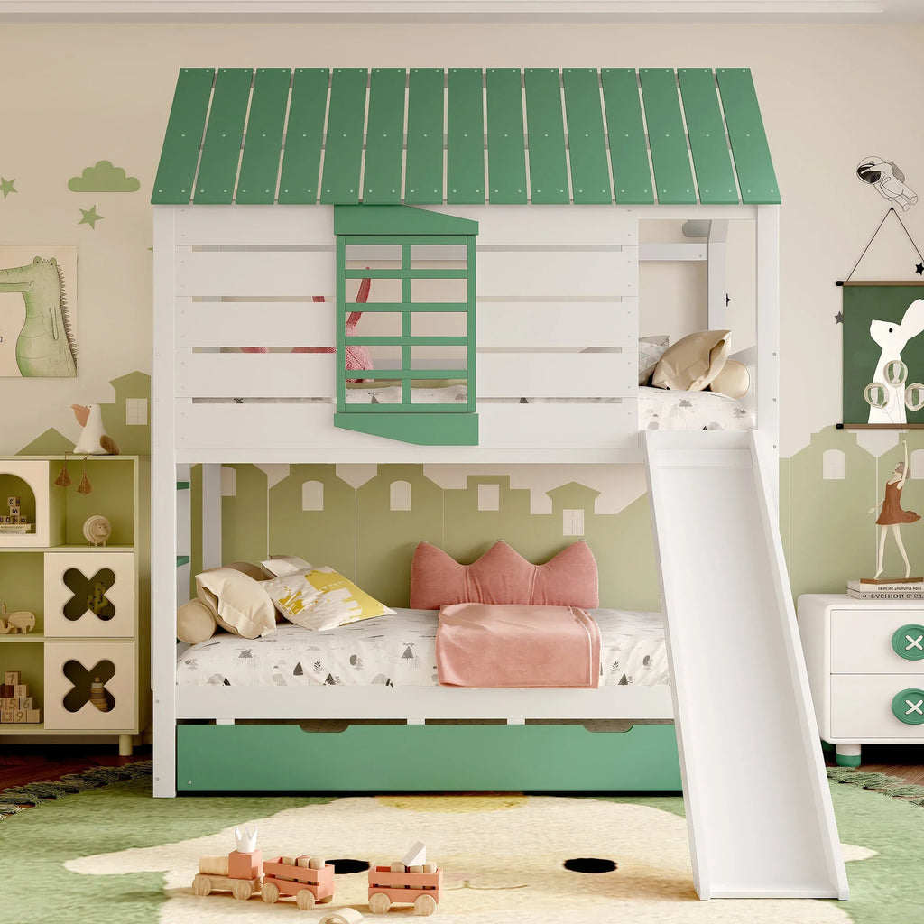 Lit superposé cabane avec toboggan blanc et vert Tilda Kids