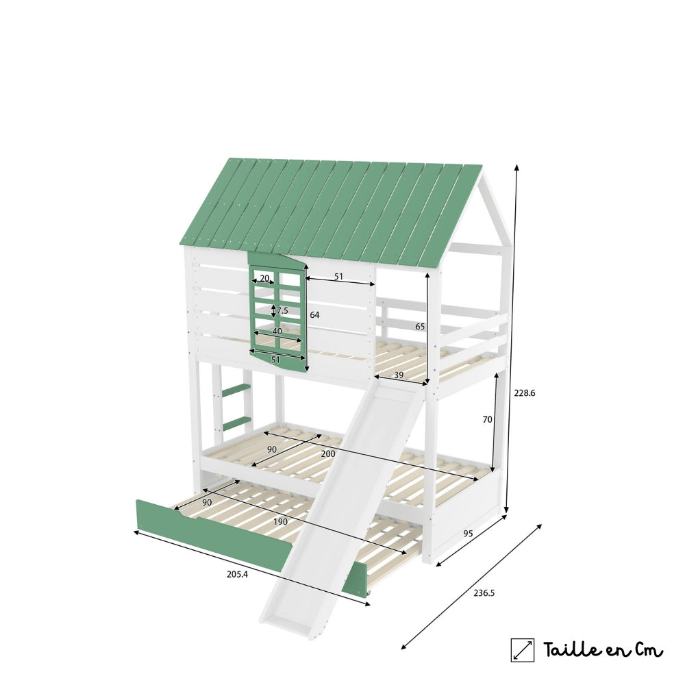 Lit superposé cabane avec toboggan blanc et vert Tilda Kids